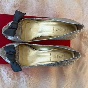 J. Crew Silver Glitter Heels with Bow